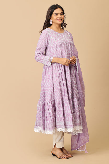 Lilac Cotton Printed & Handwork Frills , Pleated Anarkali with Dupatta 2pc
