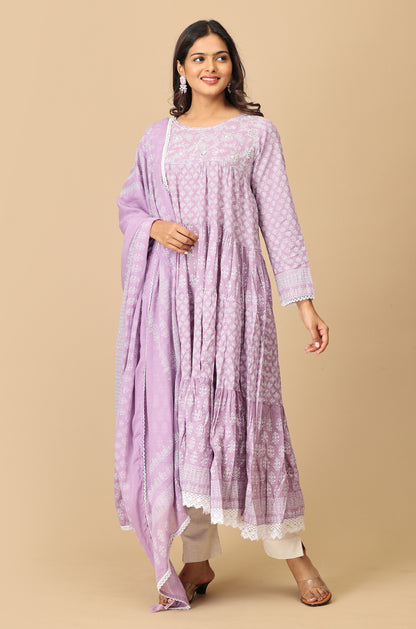 Lilac Cotton Printed & Handwork Frills , Pleated Anarkali with Dupatta 2pc