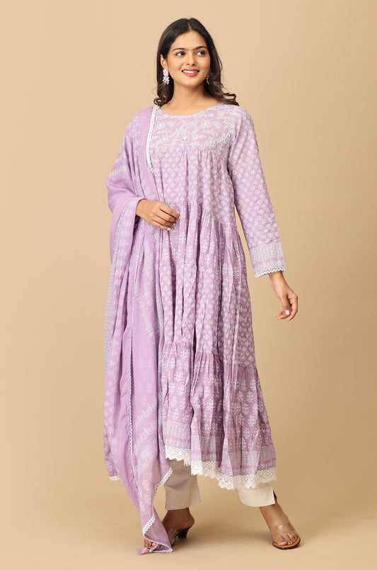 Lilac Cotton Printed & Handwork Frills , Pleated Anarkali with Dupatta 2pc