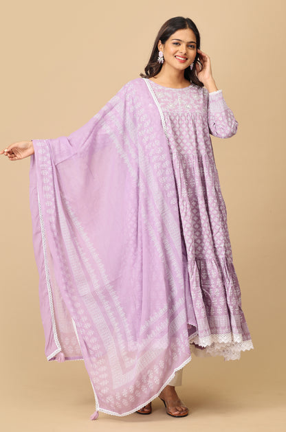 Lilac Cotton Printed & Handwork Frills , Pleated Anarkali with Dupatta 2pc