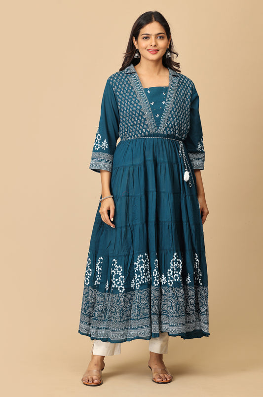 Teal Rayon Printed A-Line with Gathers Anarkali