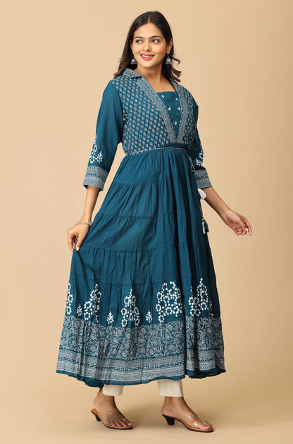 Teal Rayon Printed A-Line with Gathers Anarkali