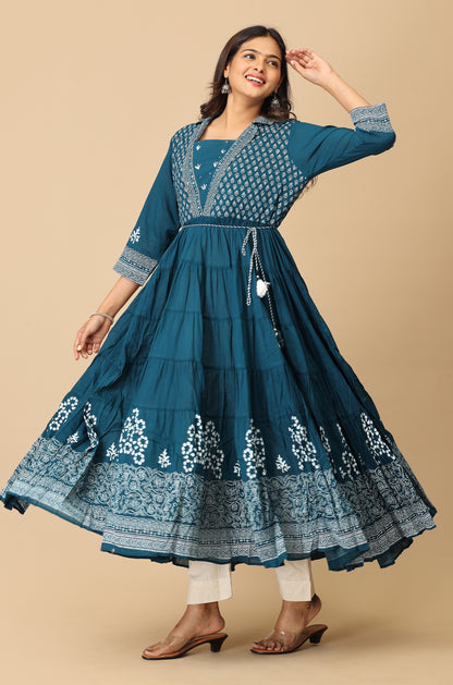 Teal Rayon Printed A-Line with Gathers Anarkali