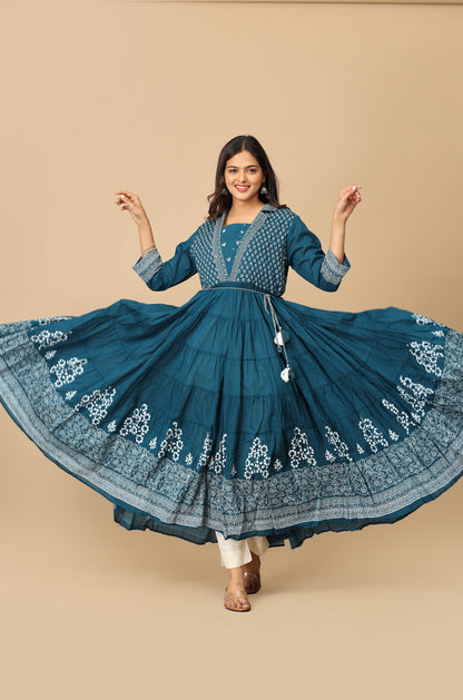 Teal Rayon Printed A-Line with Gathers Anarkali