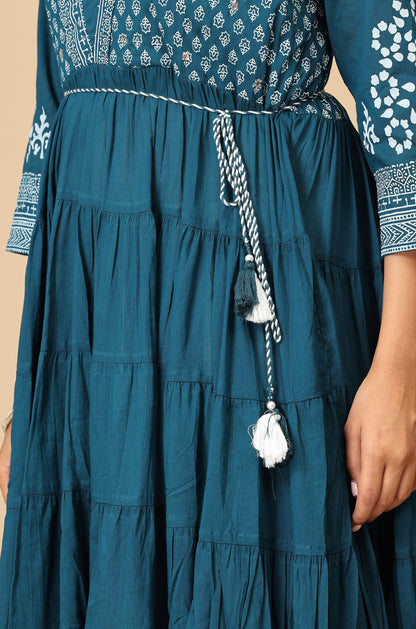 Teal Rayon Printed A-Line with Gathers Anarkali