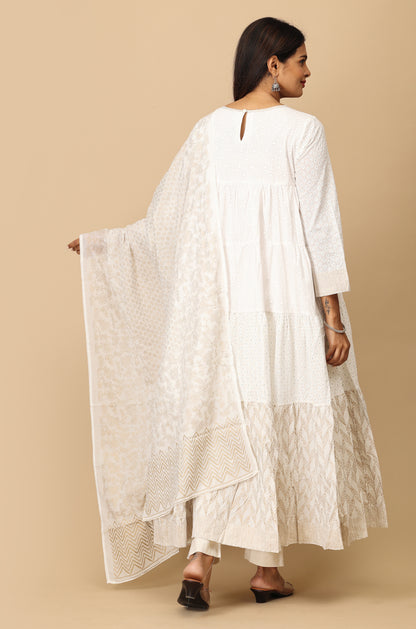 Off White Cotton Printed & Handwork Frills , Pleated Anarkali with Dupatta 2pc
