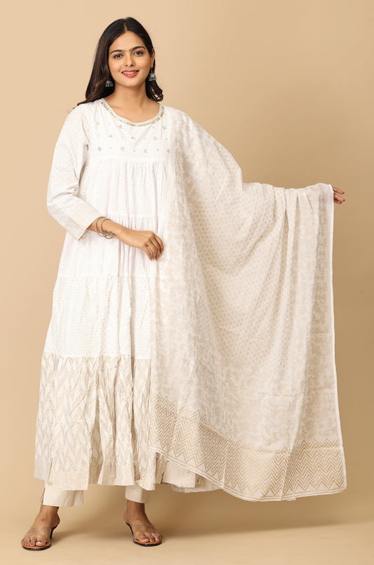 Off White Cotton Printed & Handwork Frills , Pleated Anarkali with Dupatta 2pc