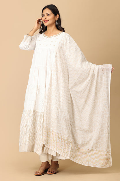 Off White Cotton Printed & Handwork Frills , Pleated Anarkali with Dupatta 2pc