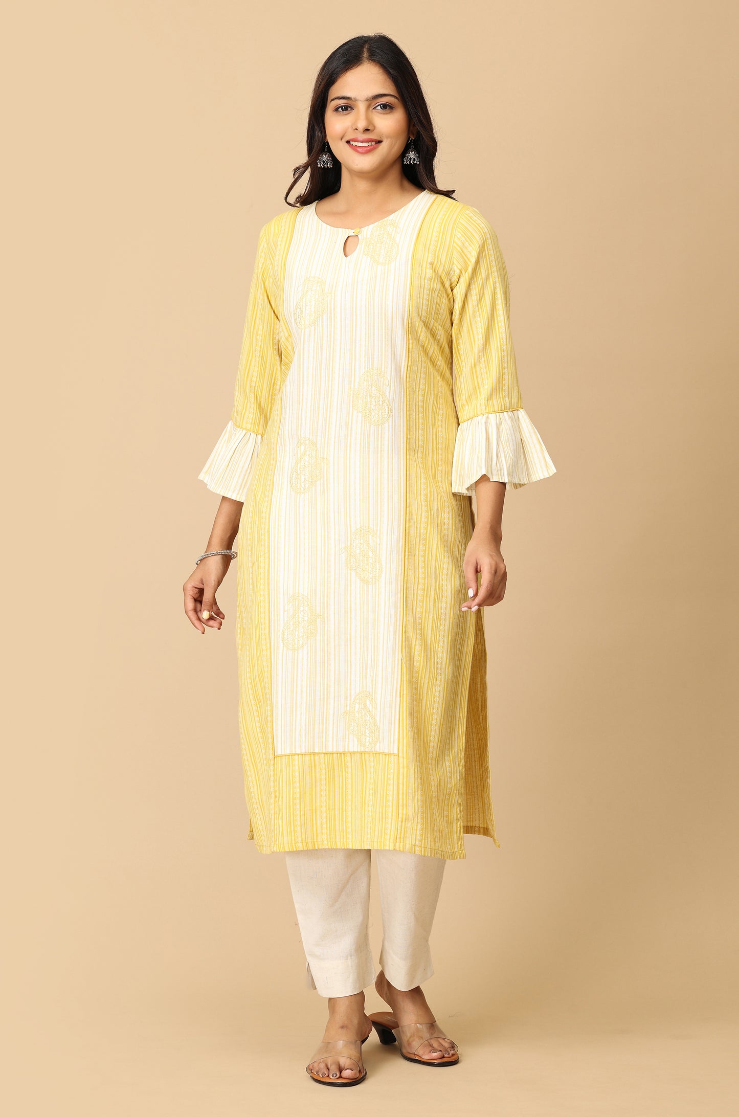 Lemon Cotton Dobby Bell Sleeve Straight Kurti