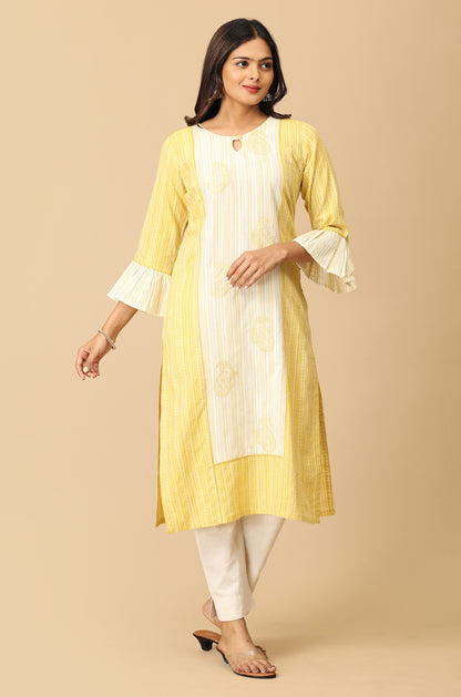 Lemon Cotton Dobby Bell Sleeve Straight Kurti
