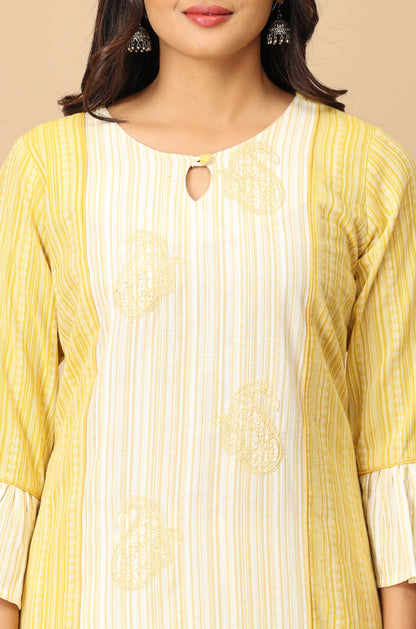 Lemon Cotton Dobby Bell Sleeve Straight Kurti