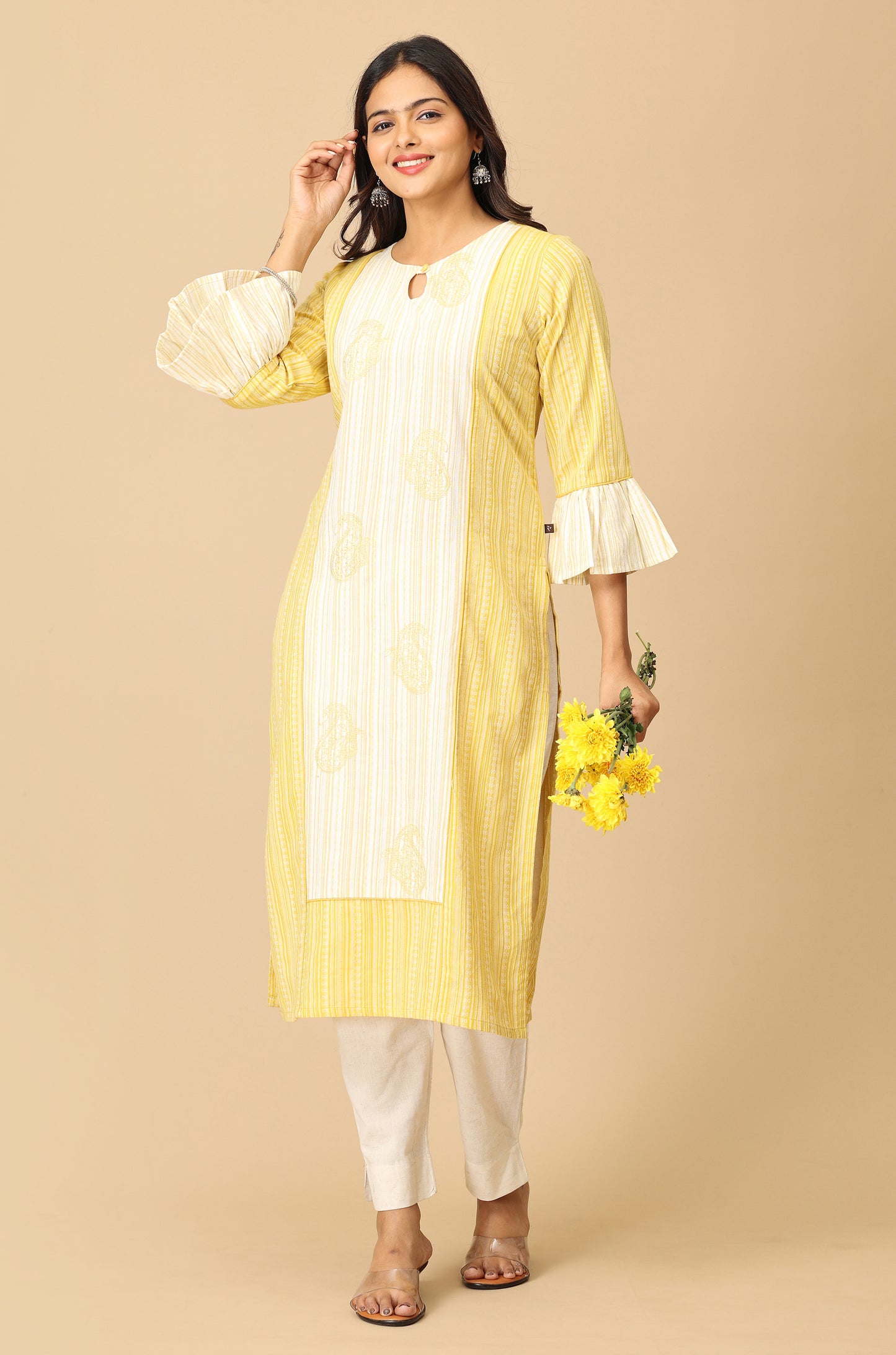 Lemon Cotton Dobby Bell Sleeve Straight Kurti