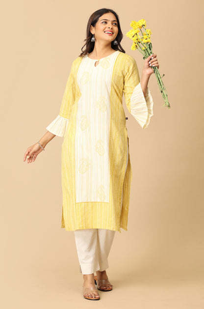 Lemon Cotton Dobby Bell Sleeve Straight Kurti