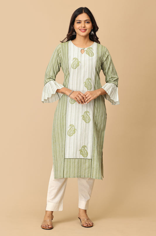 Green Cotton Dobby Bell Sleeve Straight Kurti