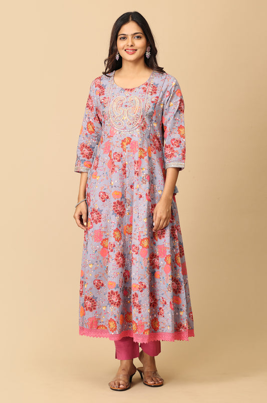 Grey Cotton Printed with Embroidery Anarkali
