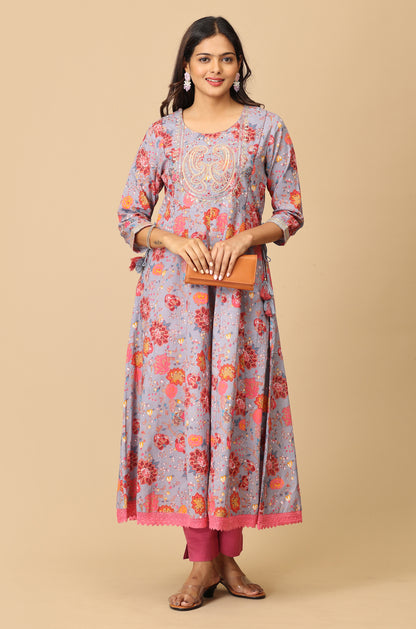 Grey Cotton Printed with Embroidery Anarkali