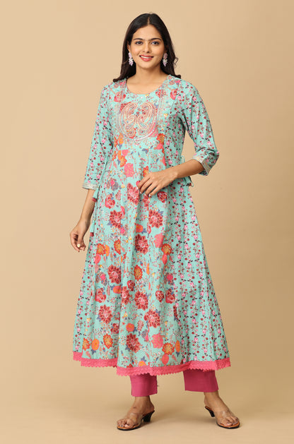 Teal Cotton Printed with Embroidery Anarkali
