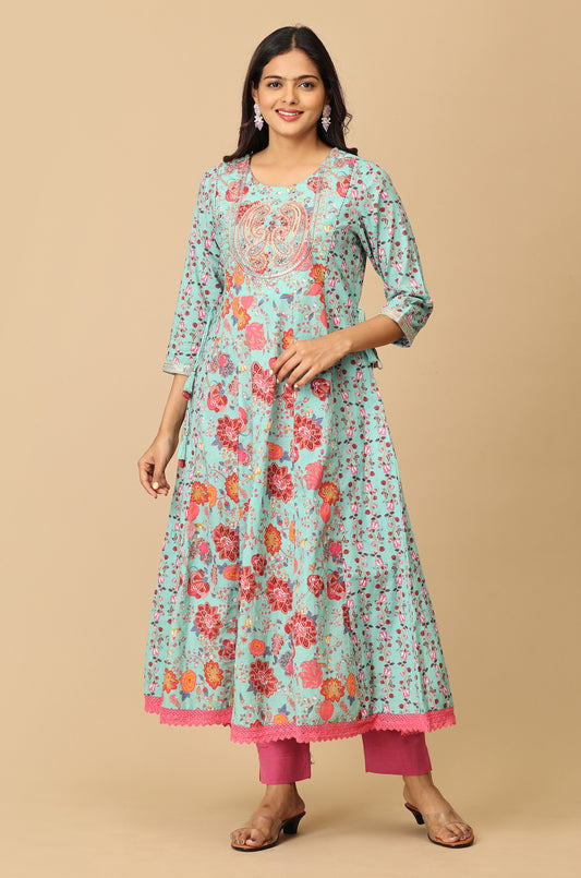 Teal Cotton Printed with Embroidery Anarkali