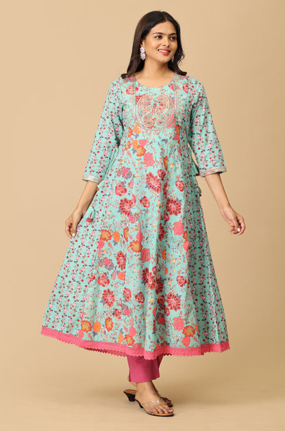 Teal Cotton Printed with Embroidery Anarkali