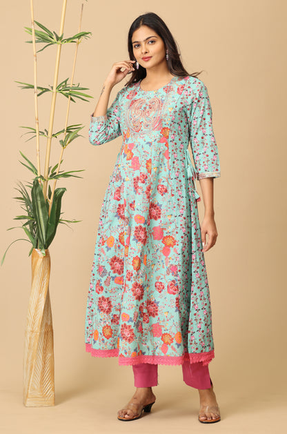 Teal Cotton Printed with Embroidery Anarkali