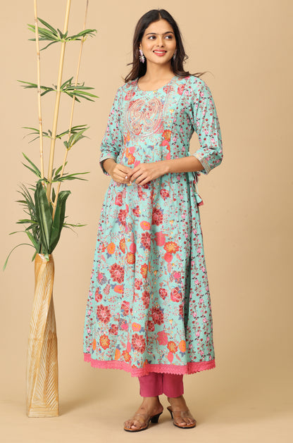 Teal Cotton Printed with Embroidery Anarkali