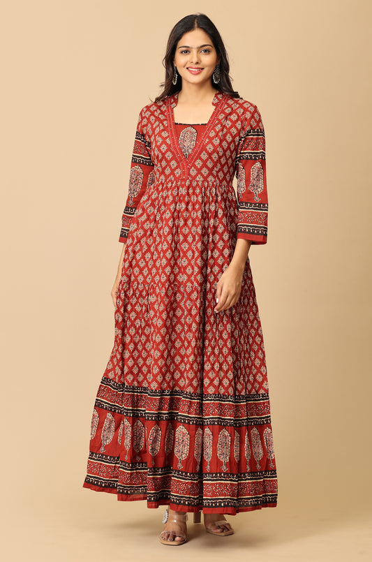 Maroon Printed Cotton Frills with Gathers A-Line Anarkali