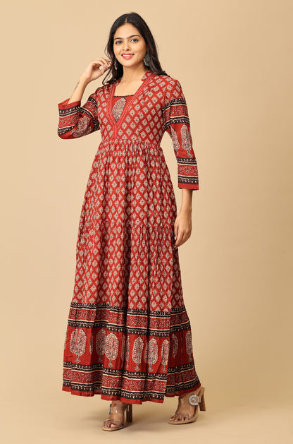 Maroon Printed Cotton Frills with Gathers A-Line Anarkali