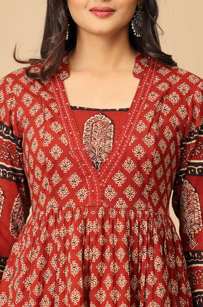 Maroon Printed Cotton Frills with Gathers A-Line Anarkali