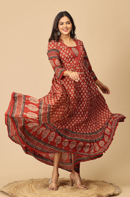 Maroon Printed Cotton Frills with Gathers A-Line Anarkali