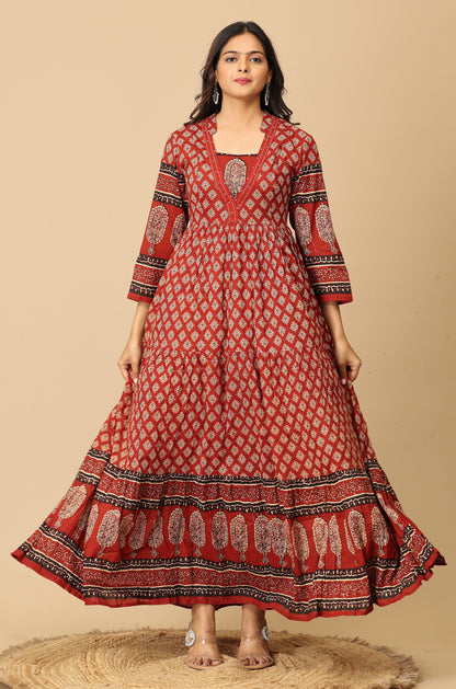 Maroon Printed Cotton Frills with Gathers A-Line Anarkali