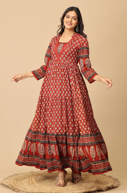 Maroon Printed Cotton Frills with Gathers A-Line Anarkali