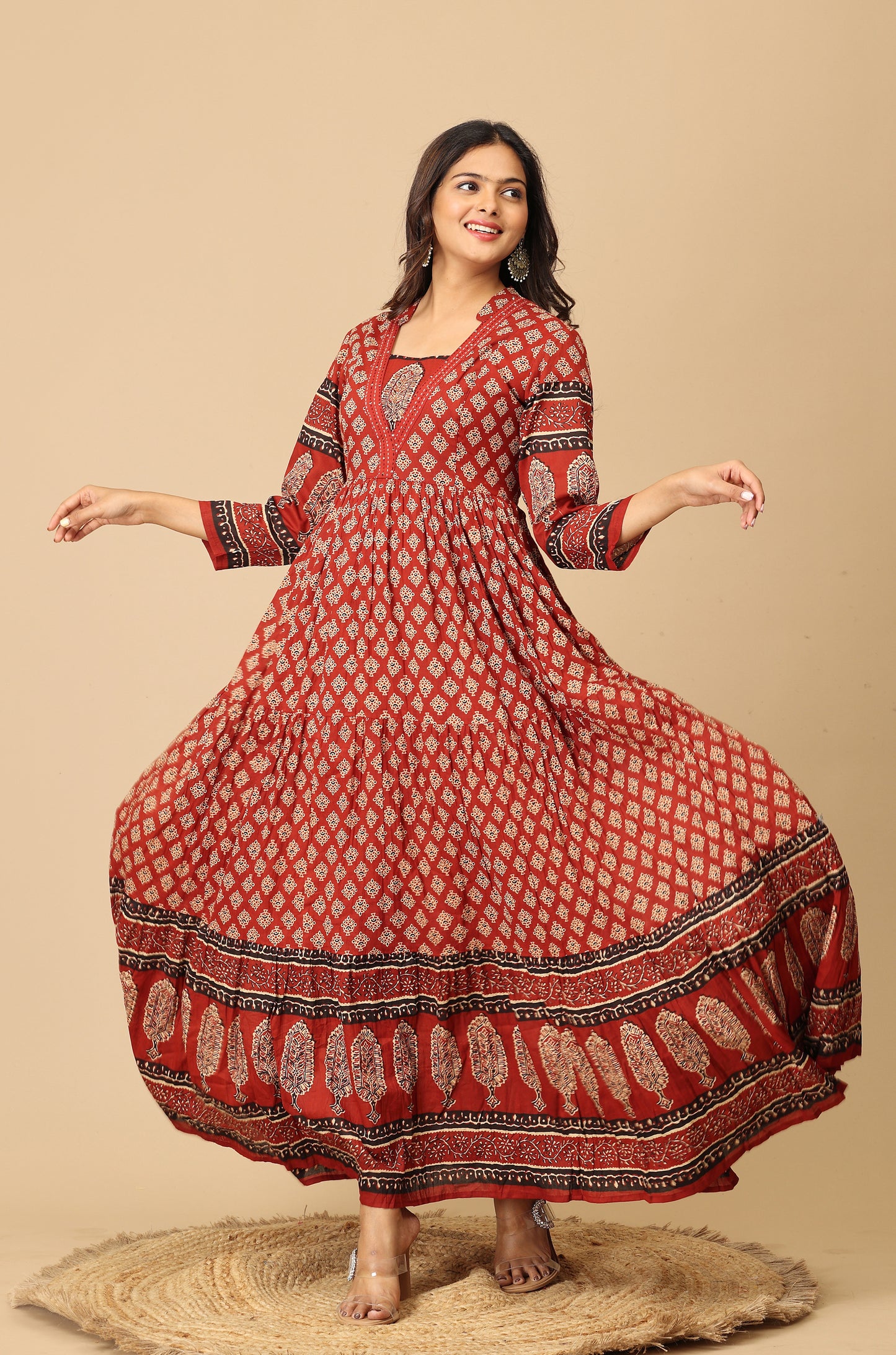 Maroon Printed Cotton Frills with Gathers A-Line Anarkali