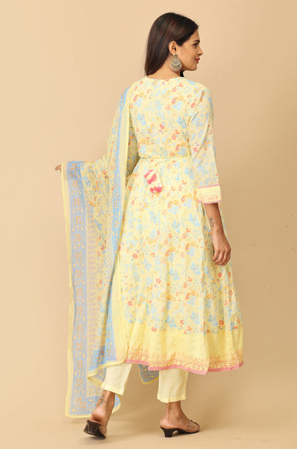 Yellow Angrakha Cotton Printed with Embroidery Anarkali Set
