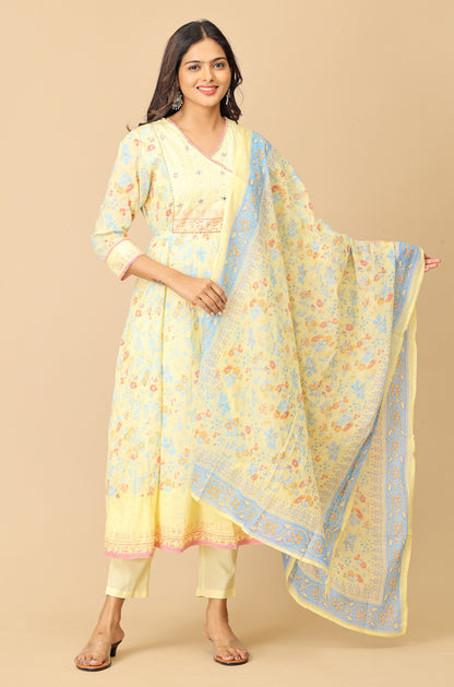 Yellow Angrakha Cotton Printed with Embroidery Anarkali Set