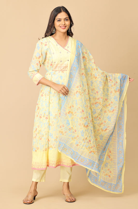Yellow Angrakha Cotton Printed with Embroidery Anarkali Set