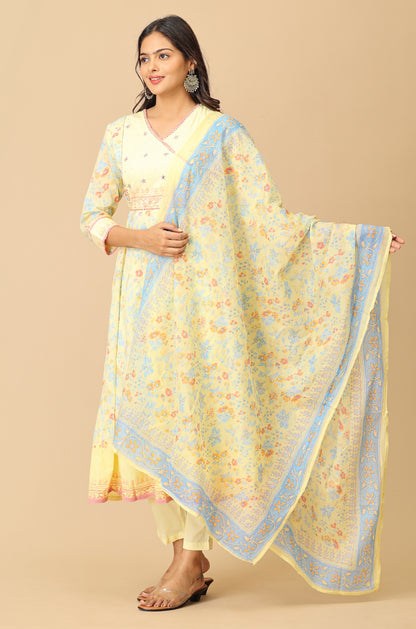 Yellow Angrakha Cotton Printed with Embroidery Anarkali Set