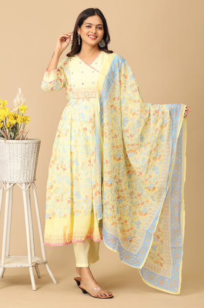 Yellow Angrakha Cotton Printed with Embroidery Anarkali Set