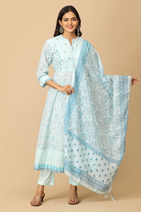 Light Blue Cotton Printed with Sequence Embroidery Anarkali Set