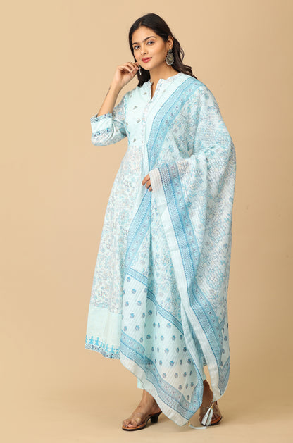 Light Blue Cotton Printed with Sequence Embroidery Anarkali Set