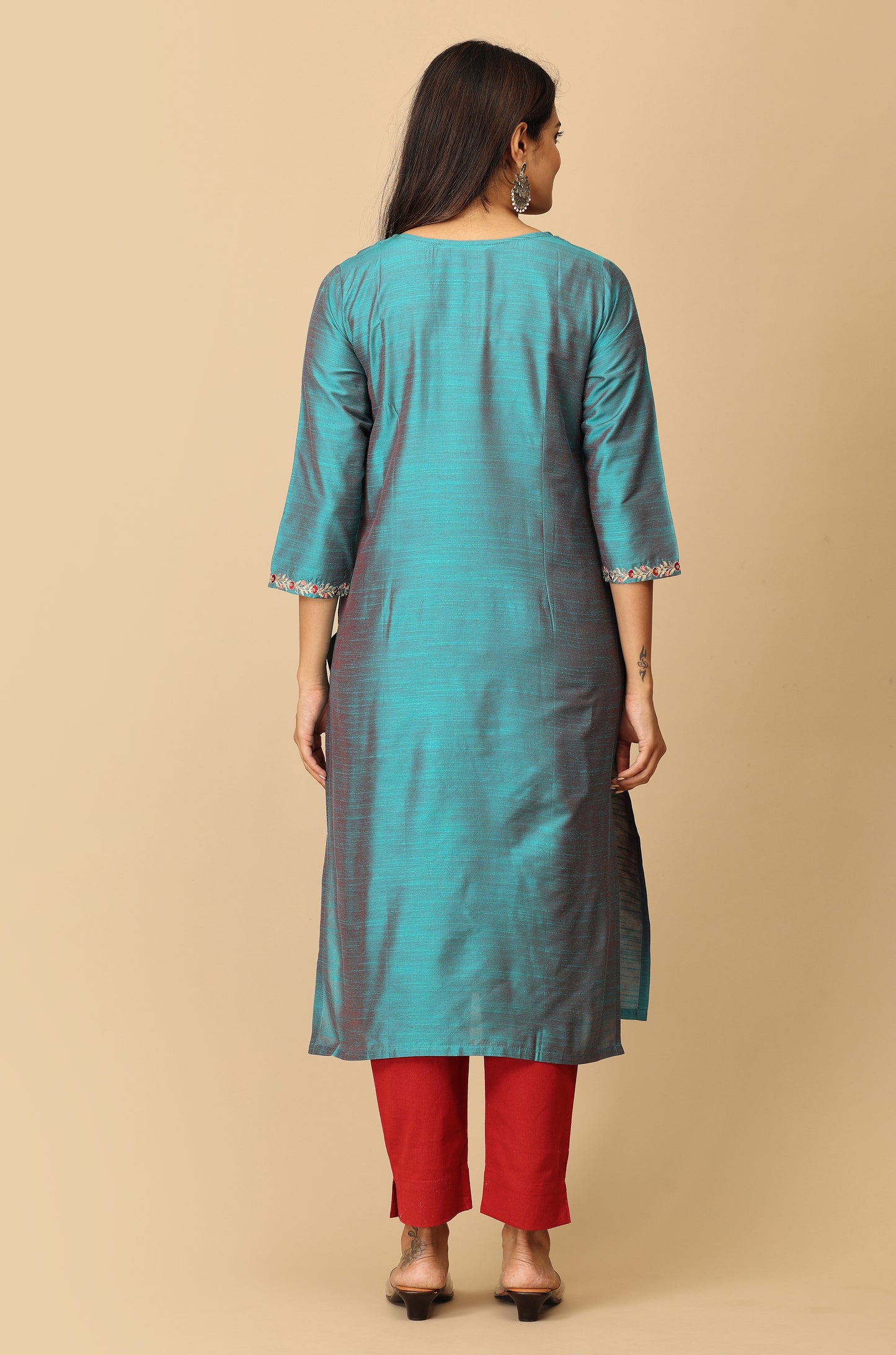 Teal Slub Silk All Over Embroidery Kurti