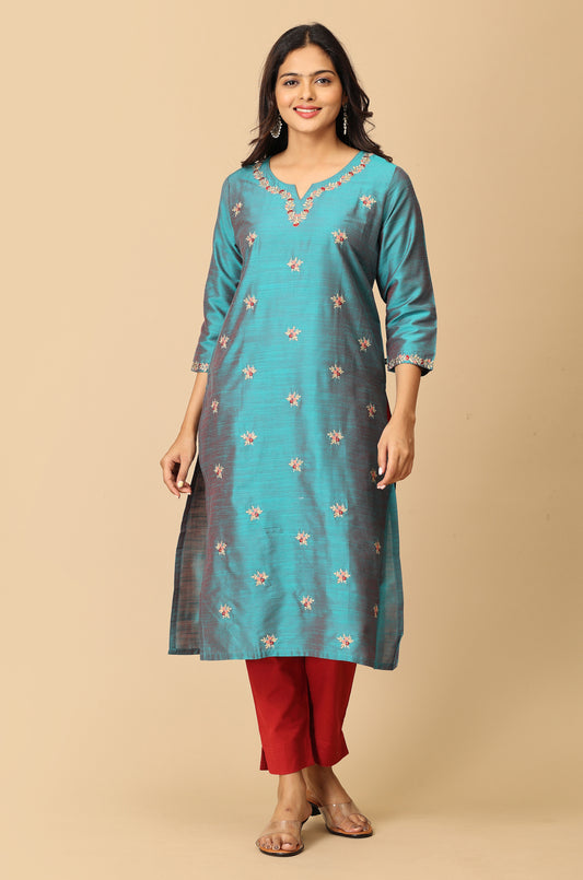 Teal Slub Silk All Over Embroidery Kurti