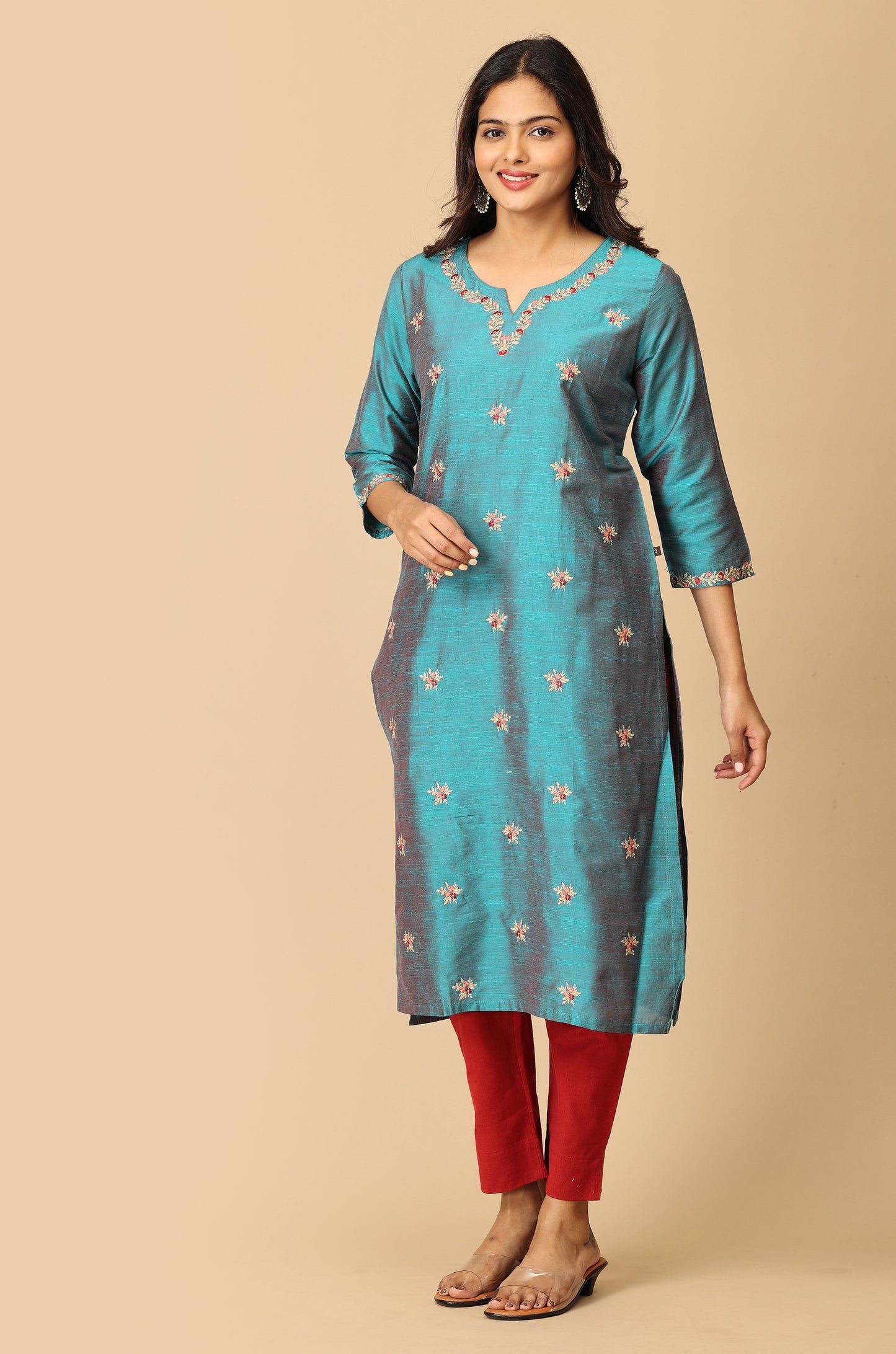 Teal Slub Silk All Over Embroidery Kurti