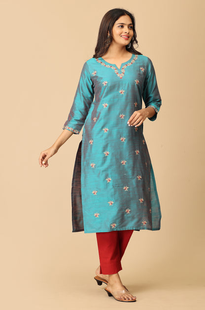 Teal Slub Silk All Over Embroidery Kurti
