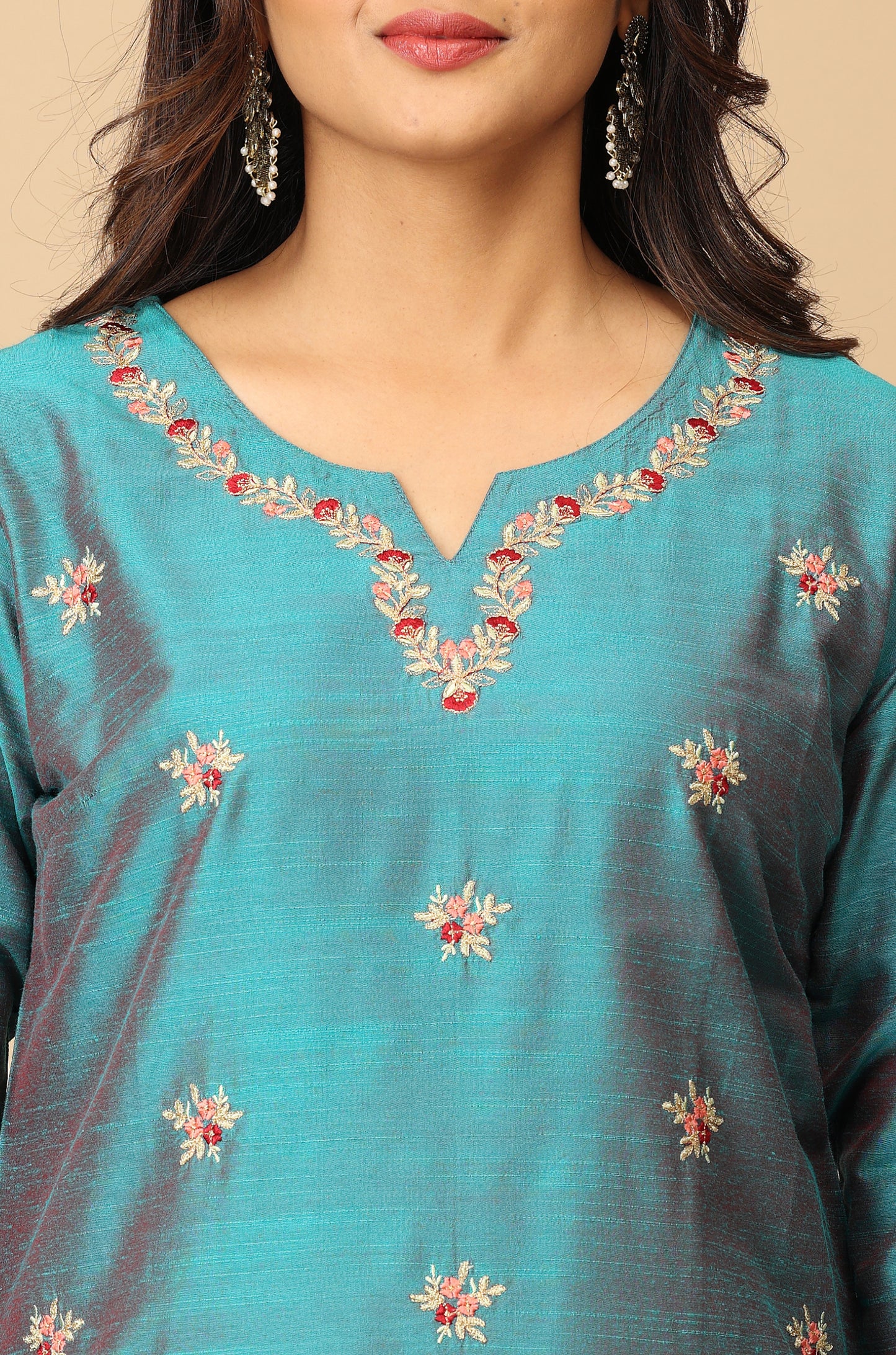 Teal Slub Silk All Over Embroidery Kurti
