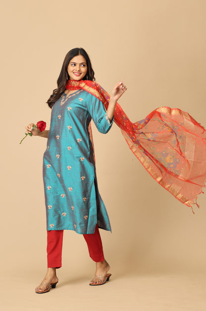 Teal Slub Silk All Over Embroidery Kurti