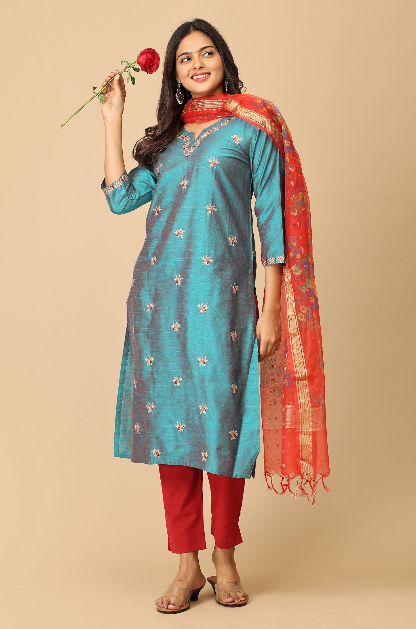 Teal Slub Silk All Over Embroidery Kurti