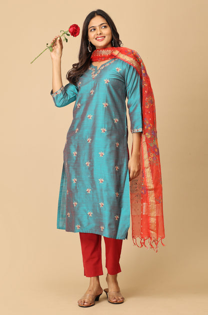 Teal Slub Silk All Over Embroidery Kurti