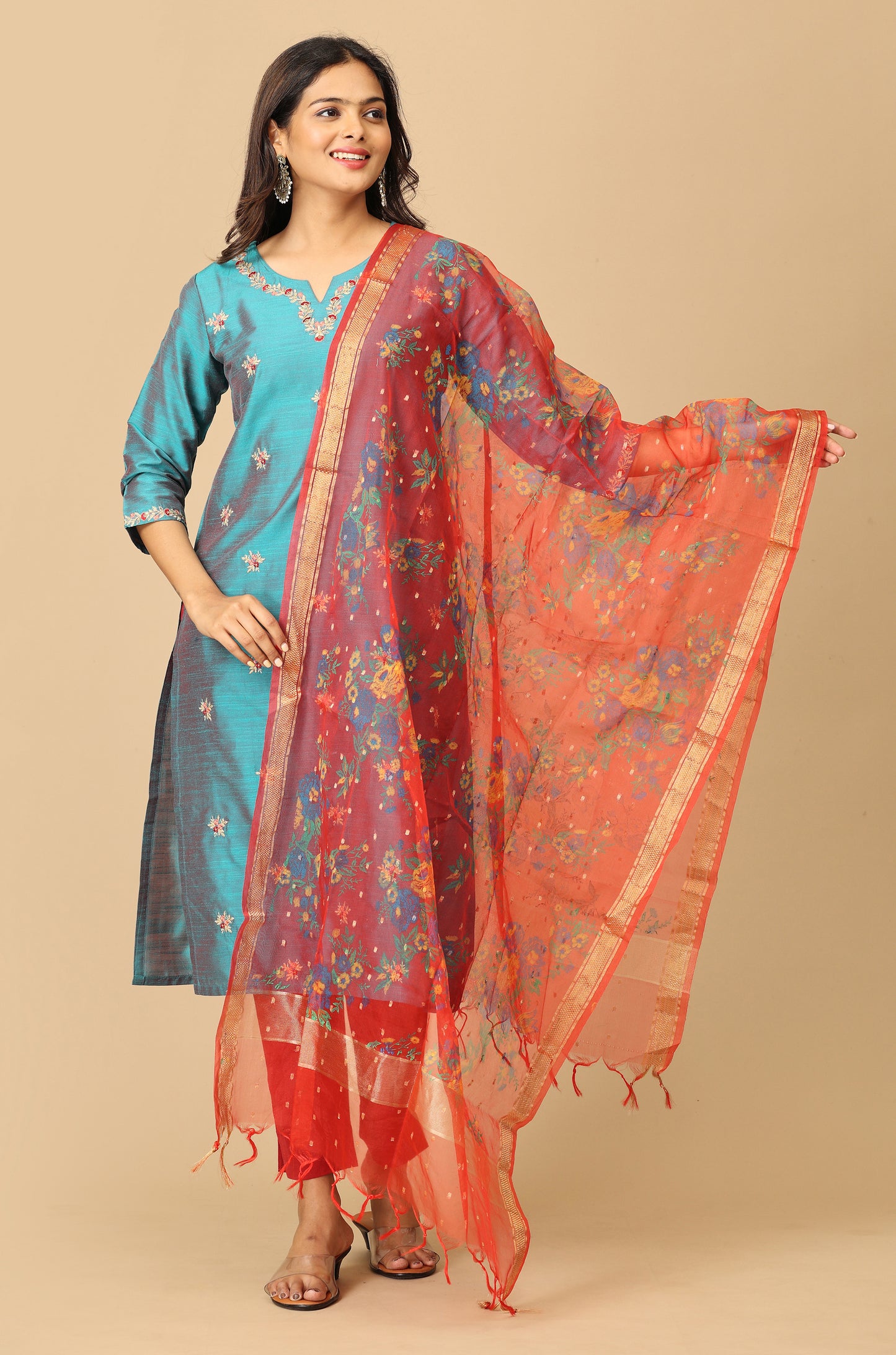 Teal Slub Silk All Over Embroidery Kurti