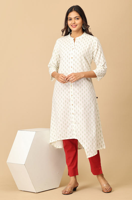 Ivory All Over Print Asymmetric A Line Kurta