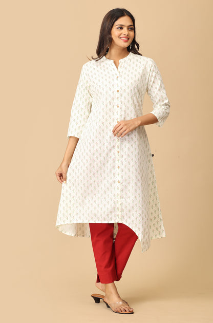 Ivory All Over Print Asymmetric A Line Kurta